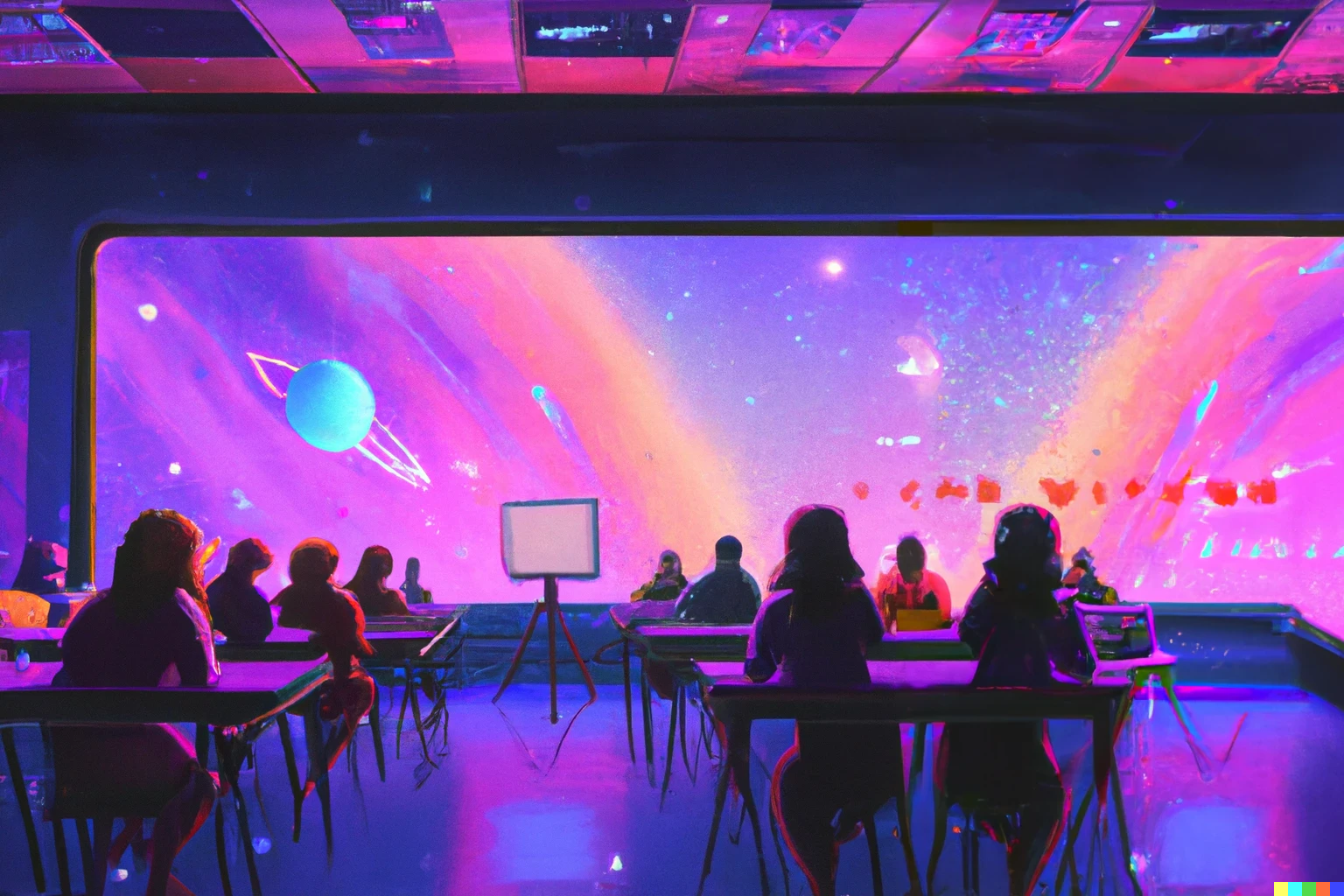 Een futuristische klas, beeld gemaakt met Dall-E
