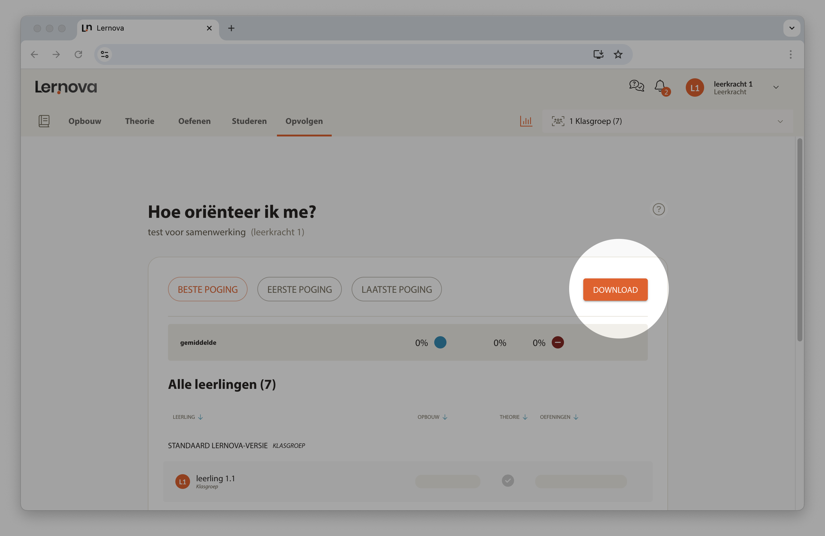 Downloadknop op Lernova dashboard
