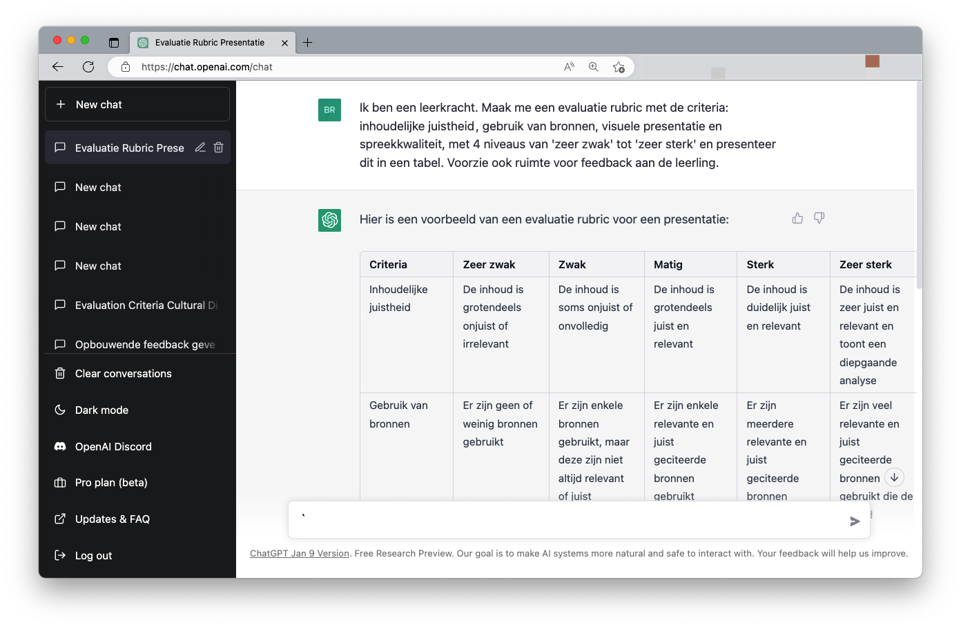 Open AI ChatGPT voor het onderwijs rubric